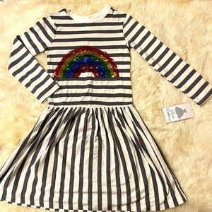 NWT gray and white striped dress with sequins rainbow. Size 8